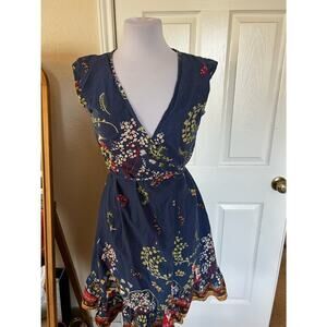 Boho Floral Cotton Wrap Dress – Blue Bird Print – Size Large by Solaris